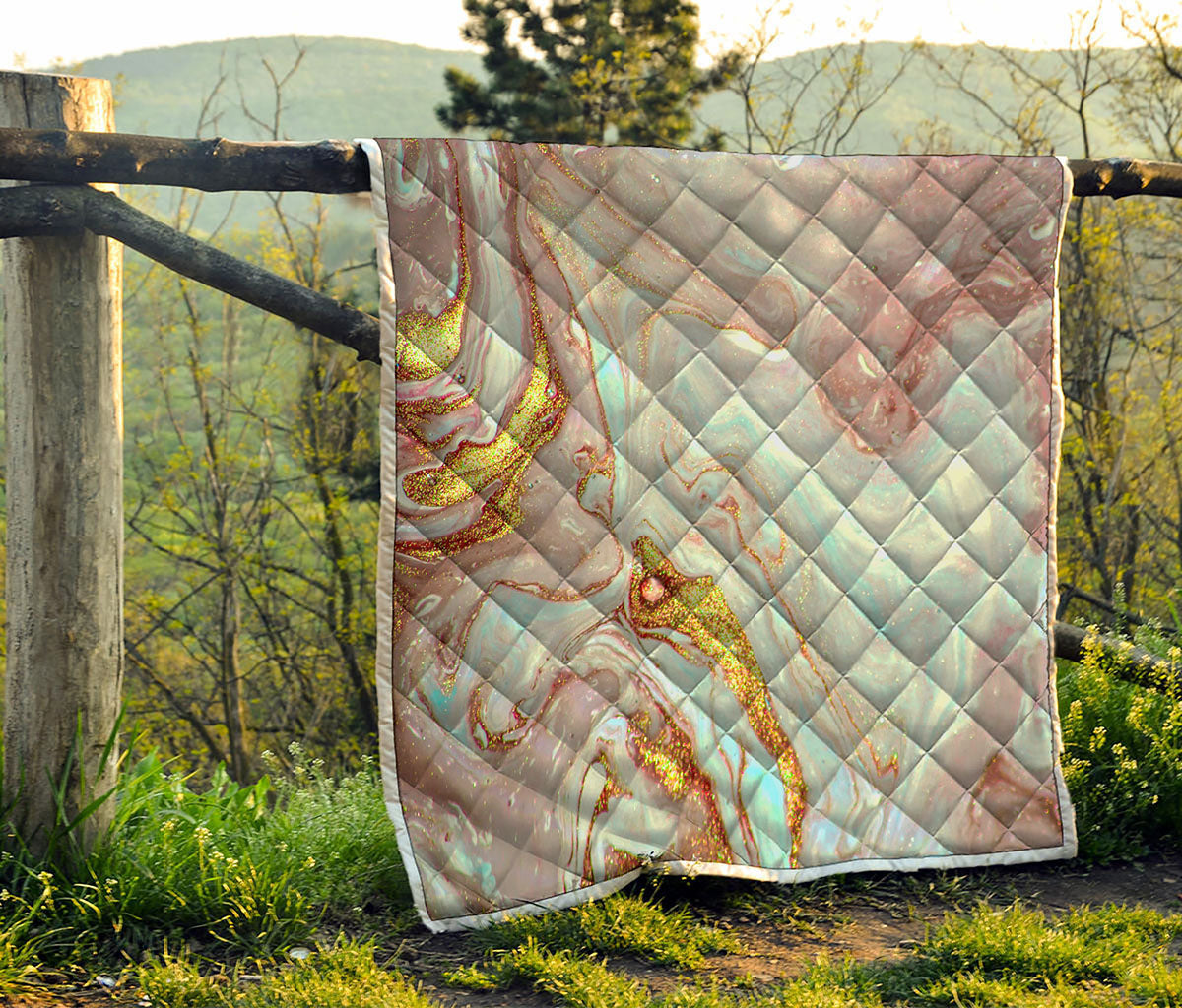 Pink Gold Liquid Marble Print Quilt