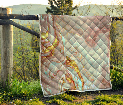 Pink Gold Liquid Marble Print Quilt