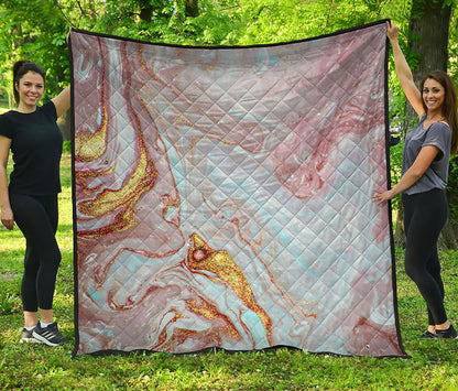 Pink Gold Liquid Marble Print Quilt