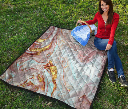 Pink Gold Liquid Marble Print Quilt