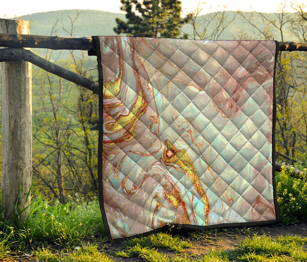 Pink Gold Liquid Marble Print Quilt