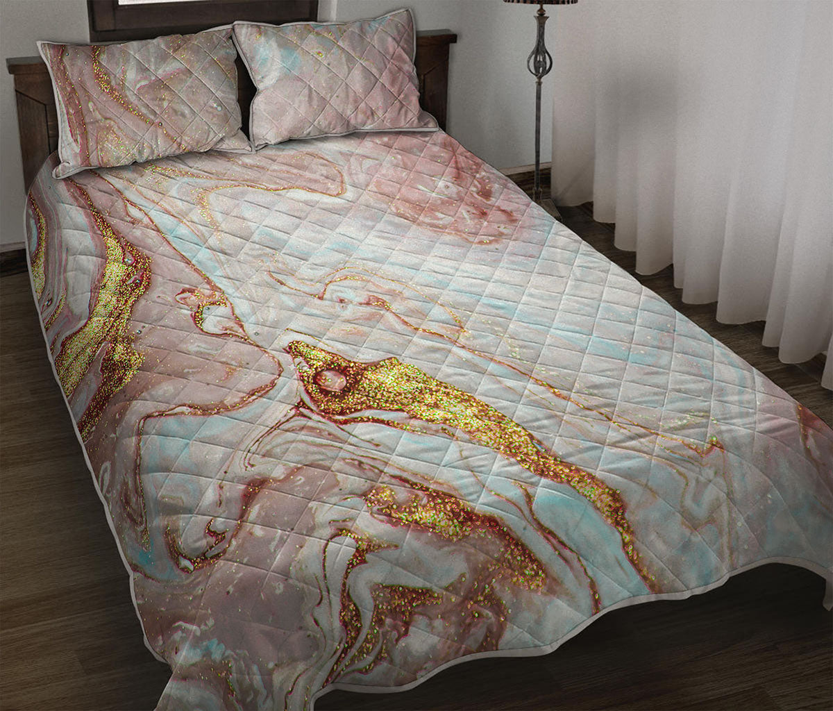 Pink Gold Liquid Marble Print Quilt Bed Set
