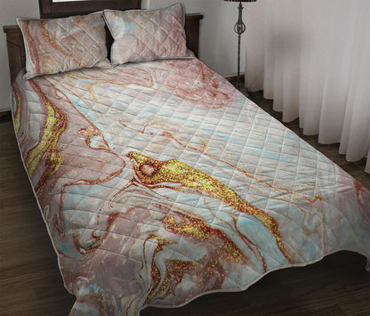 Pink Gold Liquid Marble Print Quilt Bed Set