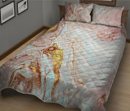 Pink Gold Liquid Marble Print Quilt Bed Set