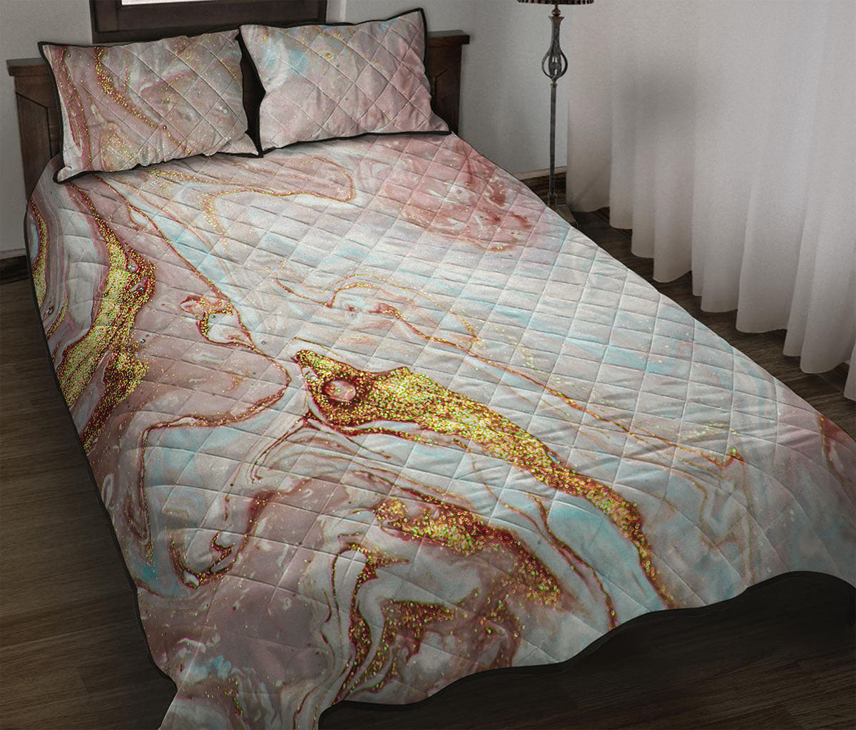 Pink Gold Liquid Marble Print Quilt Bed Set