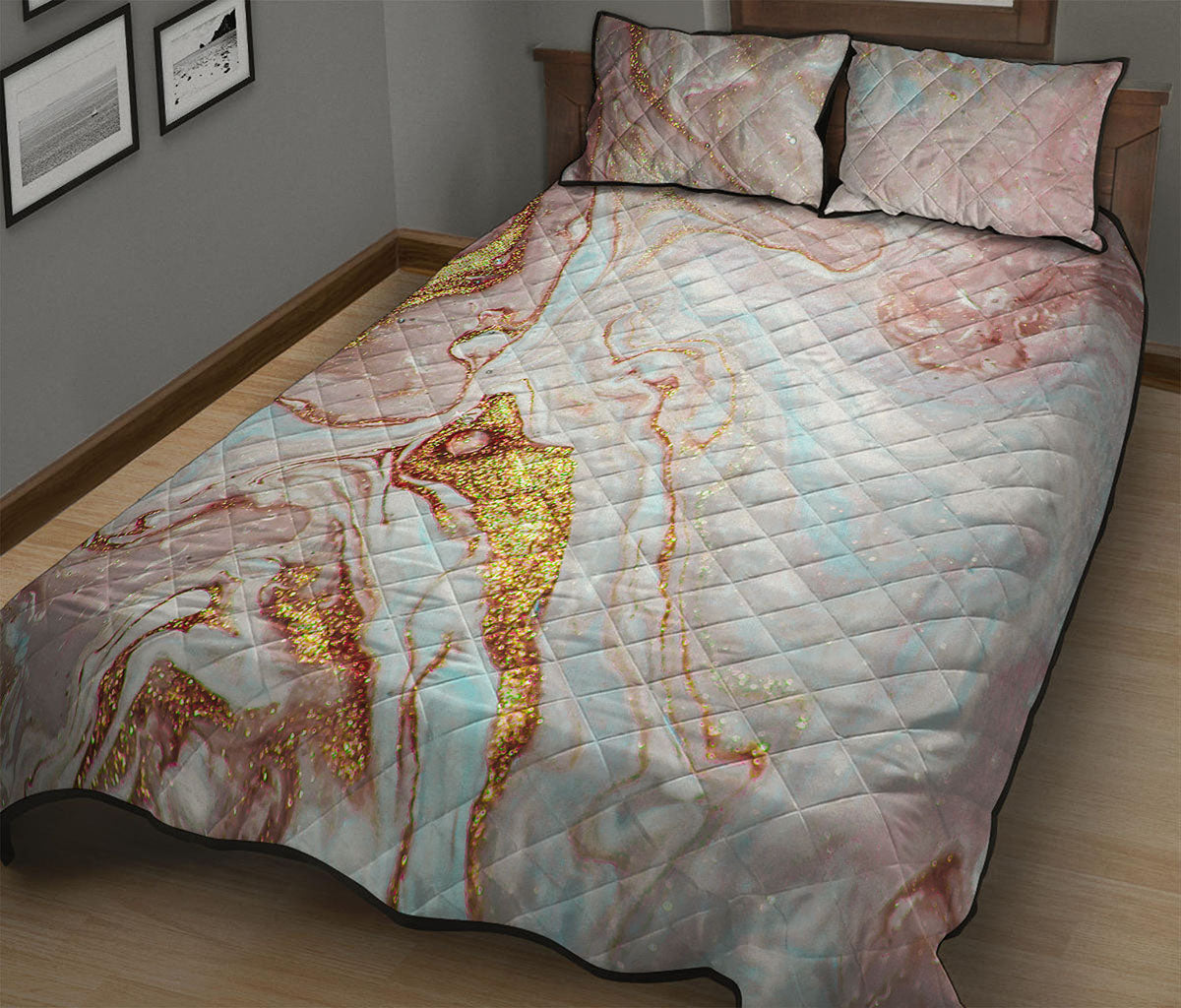Pink Gold Liquid Marble Print Quilt Bed Set