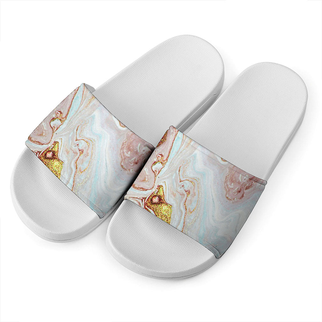 Pink Gold Liquid Marble Print White Slide Sandals