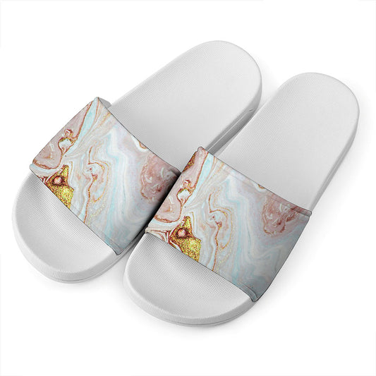 Pink Gold Liquid Marble Print White Slide Sandals