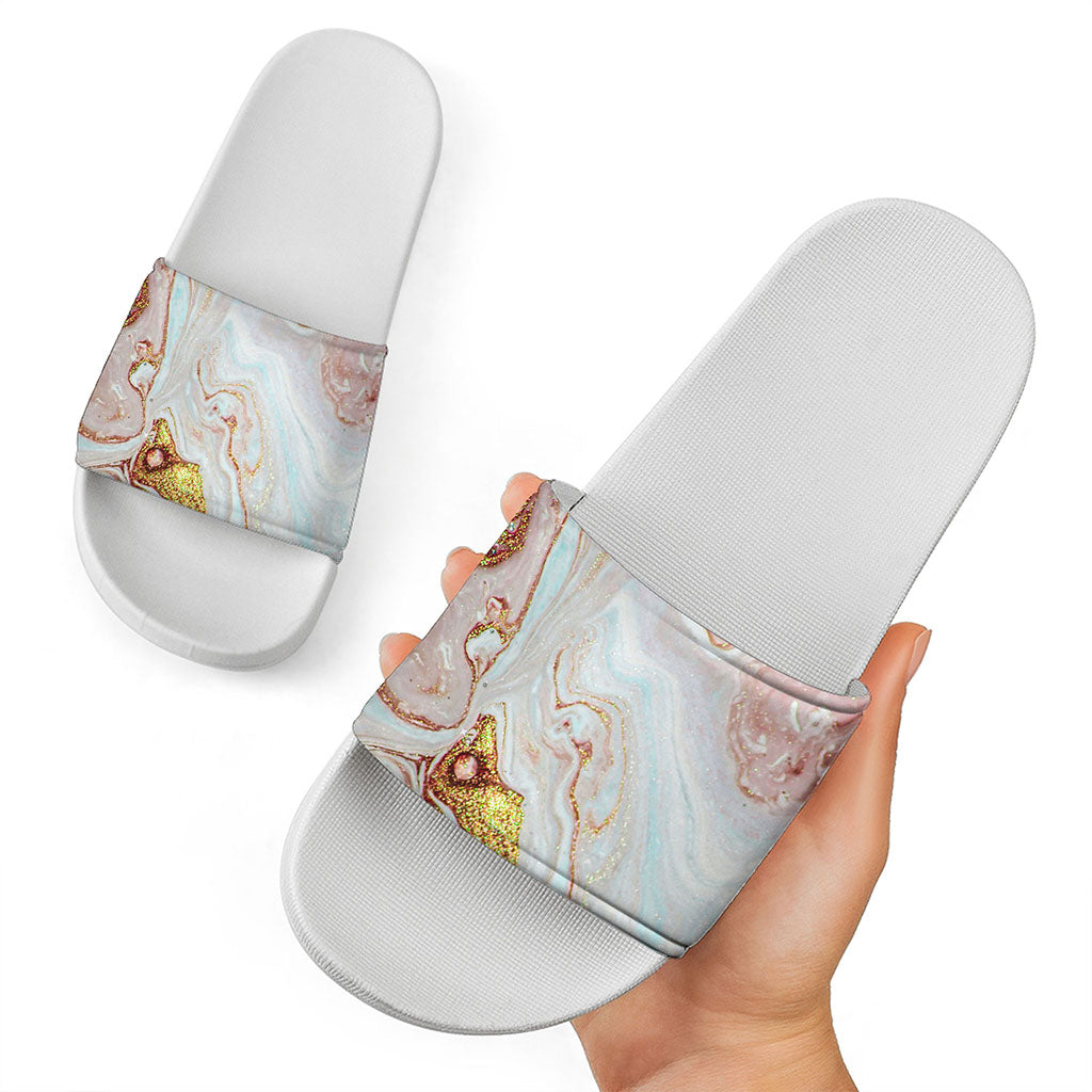 Pink Gold Liquid Marble Print White Slide Sandals