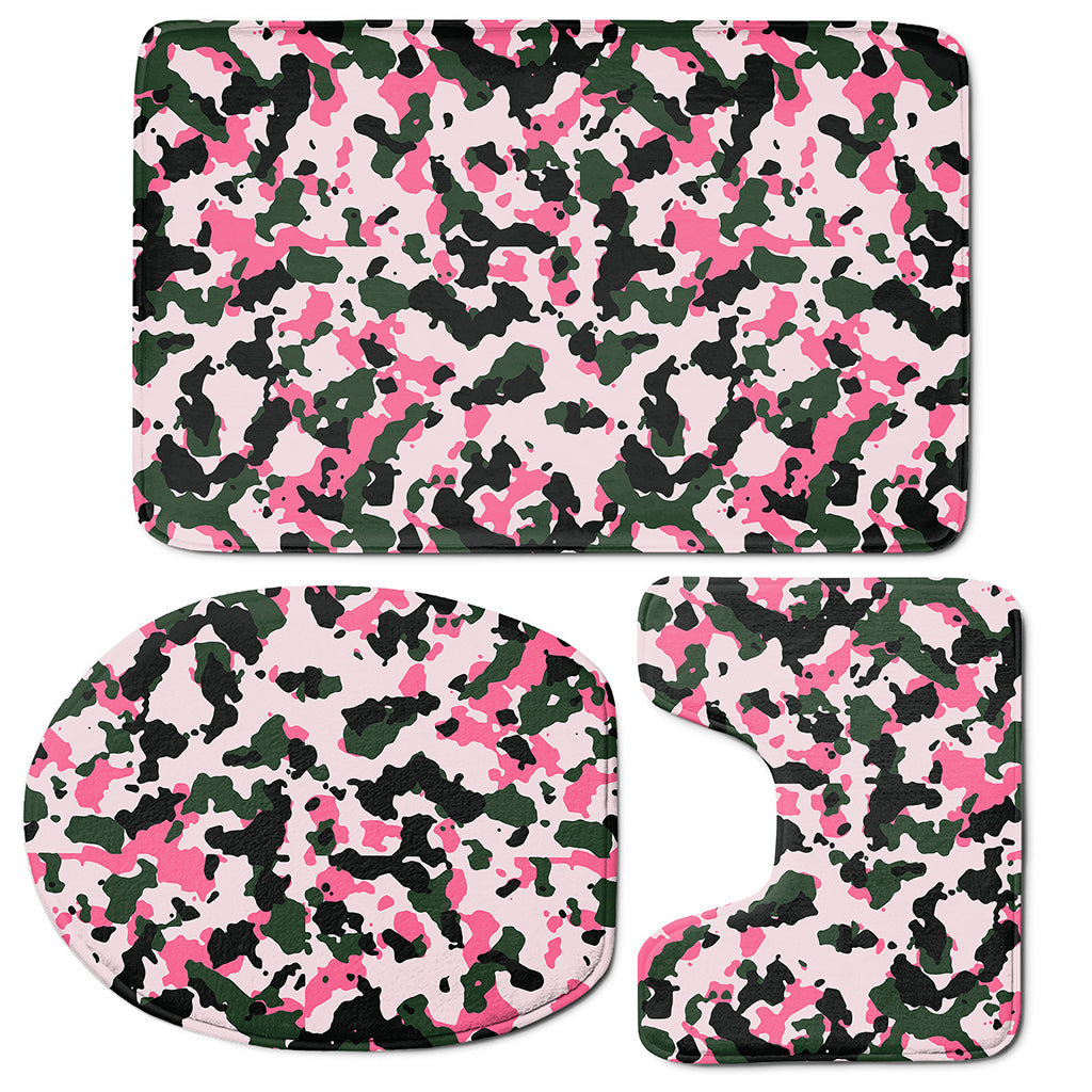 Pink Green And Black Camouflage Print 3 Piece Bath Mat Set