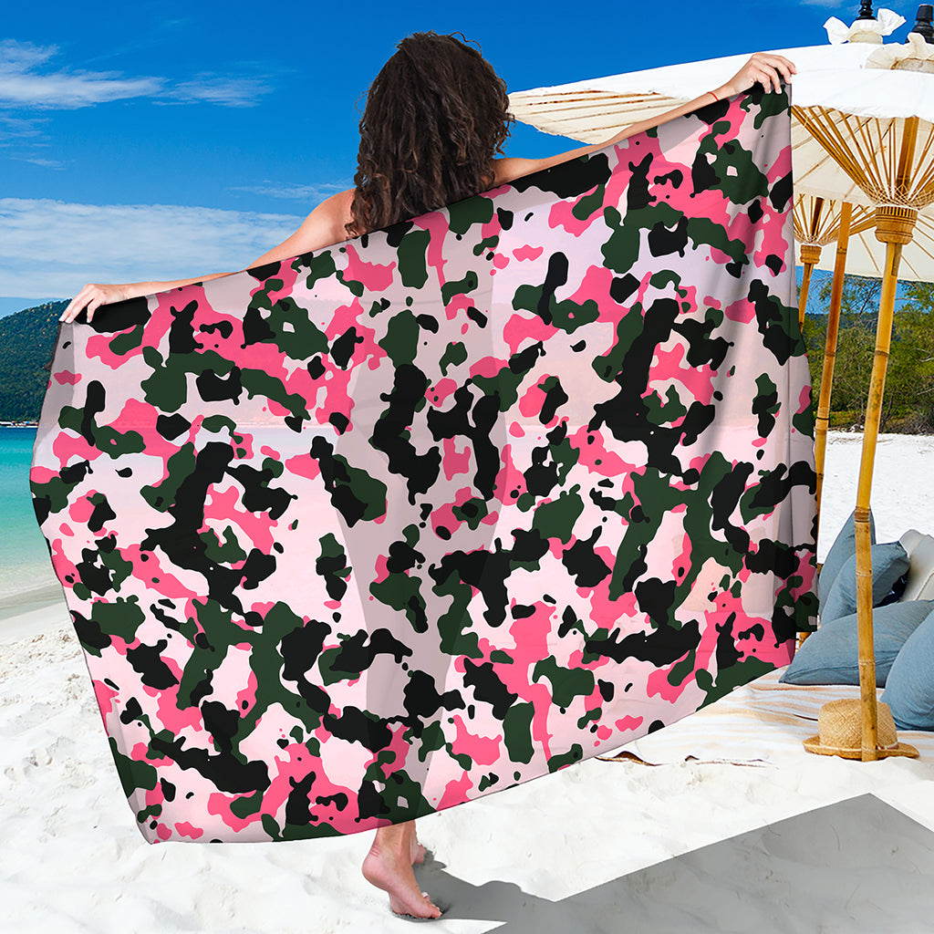 Pink Green And Black Camouflage Print Beach Sarong Wrap