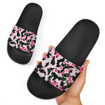 Pink Green And Black Camouflage Print Black Slide Sandals