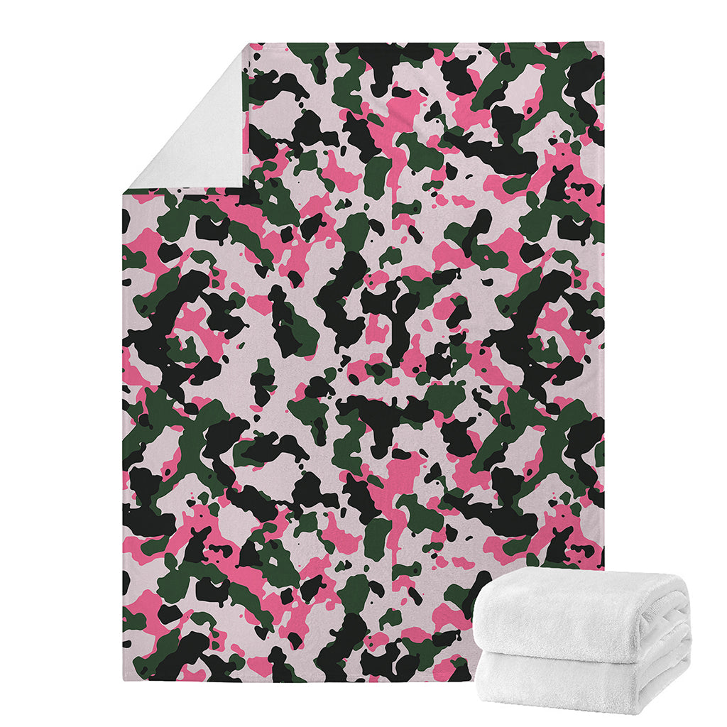 Pink Green And Black Camouflage Print Blanket