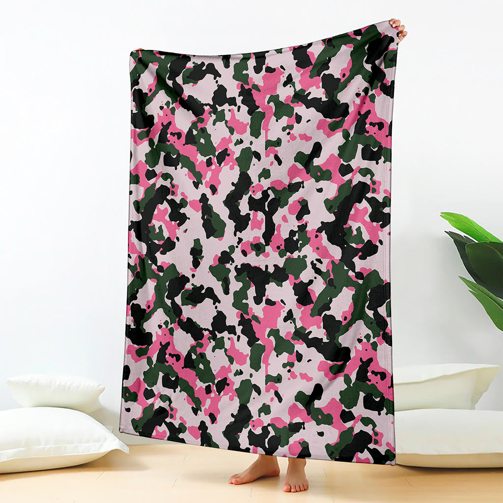 Pink Green And Black Camouflage Print Blanket