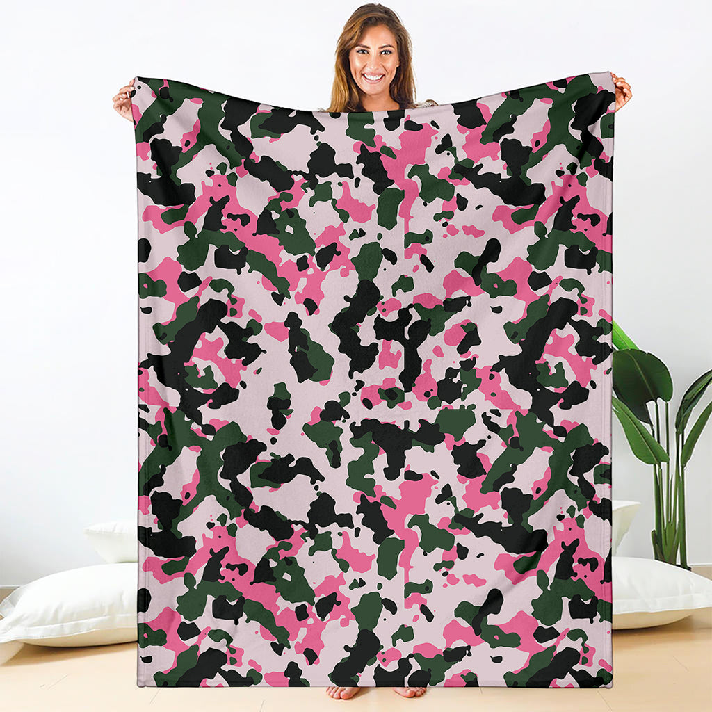 Pink Green And Black Camouflage Print Blanket