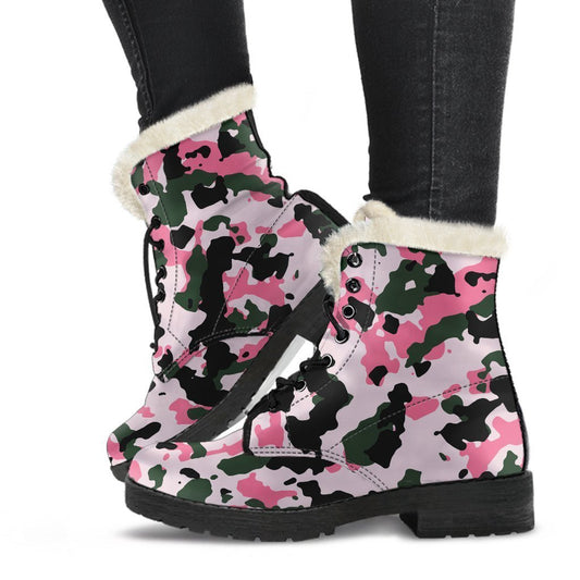 Pink Green And Black Camouflage Print Comfy Boots GearFrost