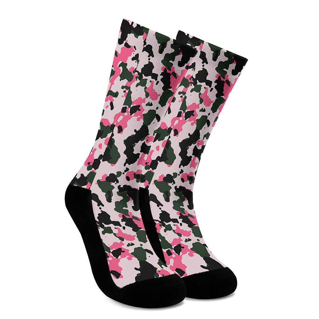 Pink Green And Black Camouflage Print Crew Socks