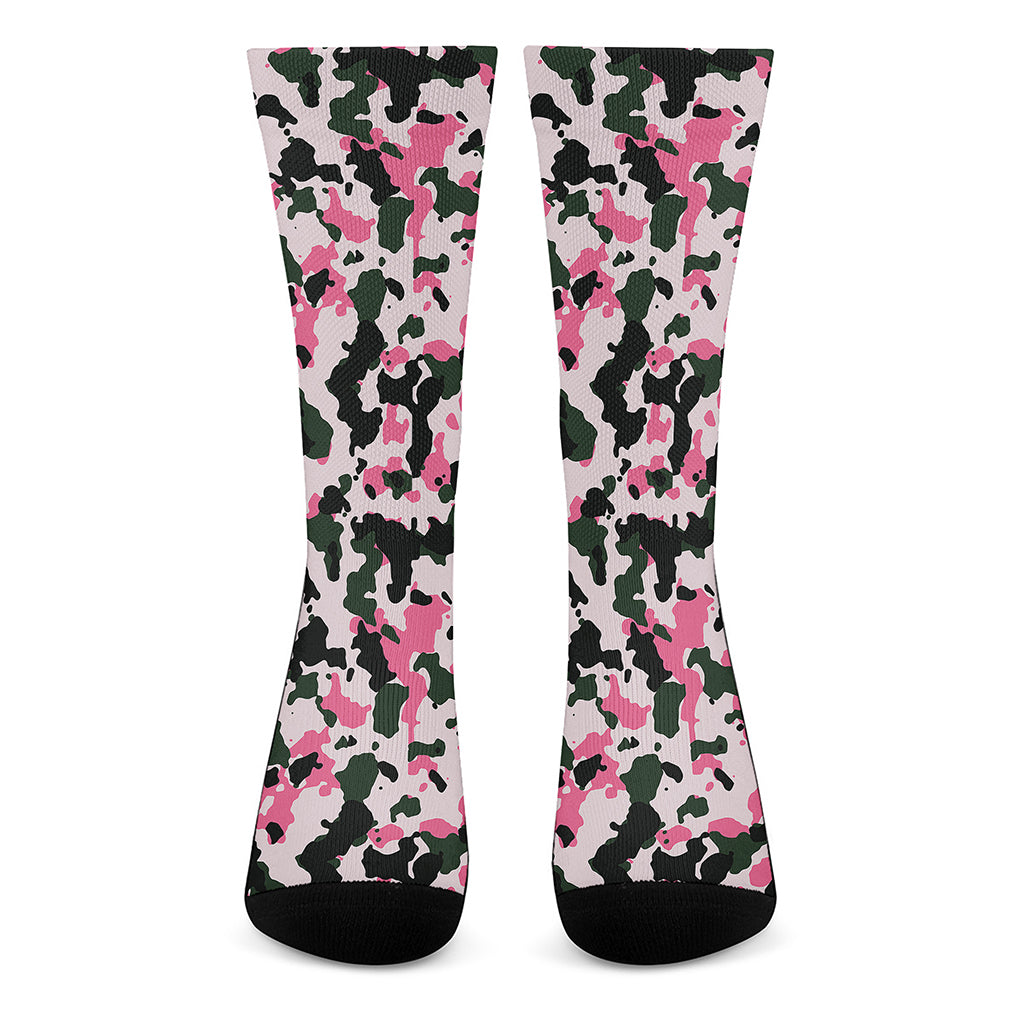 Pink Green And Black Camouflage Print Crew Socks
