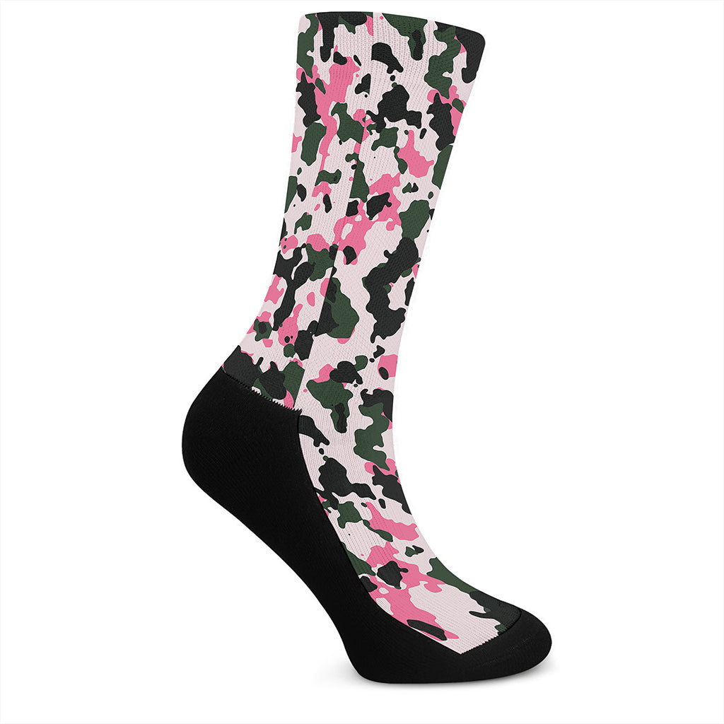 Pink Green And Black Camouflage Print Crew Socks