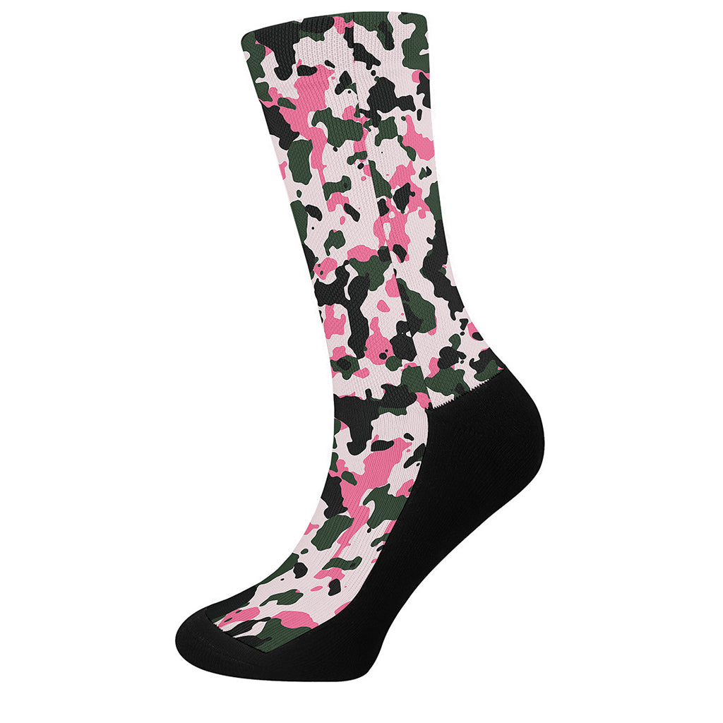 Pink Green And Black Camouflage Print Crew Socks