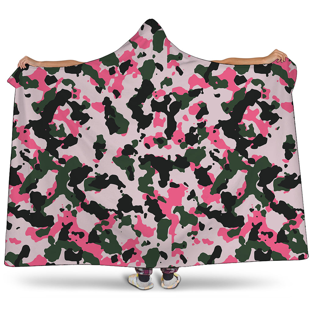 Pink Green And Black Camouflage Print Hooded Blanket