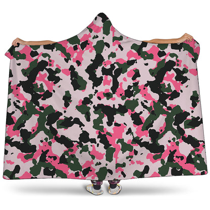 Pink Green And Black Camouflage Print Hooded Blanket