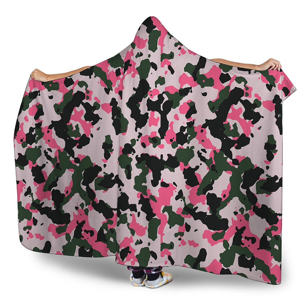 Pink Green And Black Camouflage Print Hooded Blanket