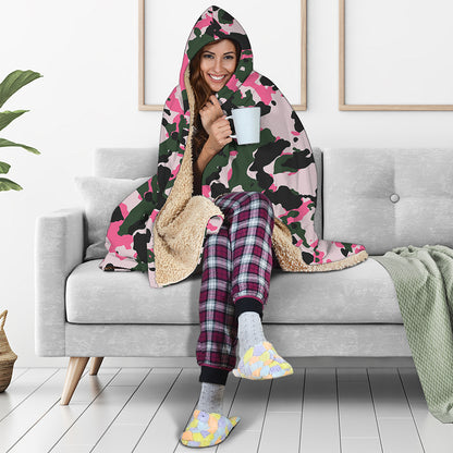 Pink Green And Black Camouflage Print Hooded Blanket