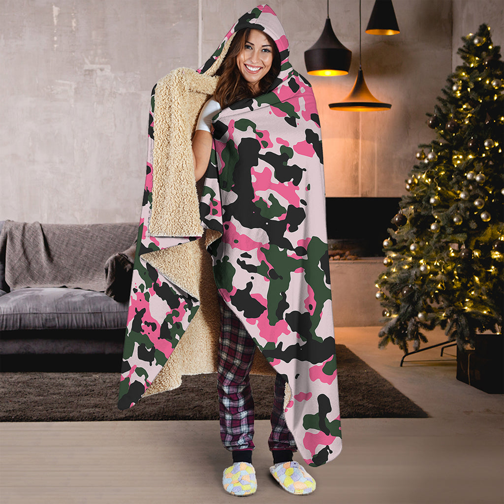 Pink Green And Black Camouflage Print Hooded Blanket