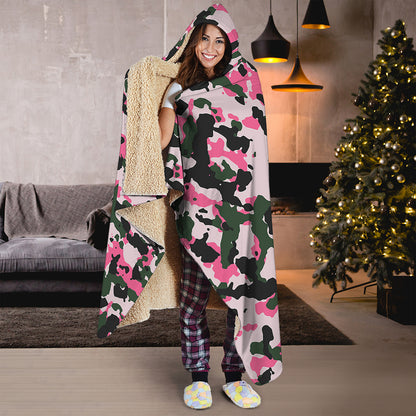 Pink Green And Black Camouflage Print Hooded Blanket