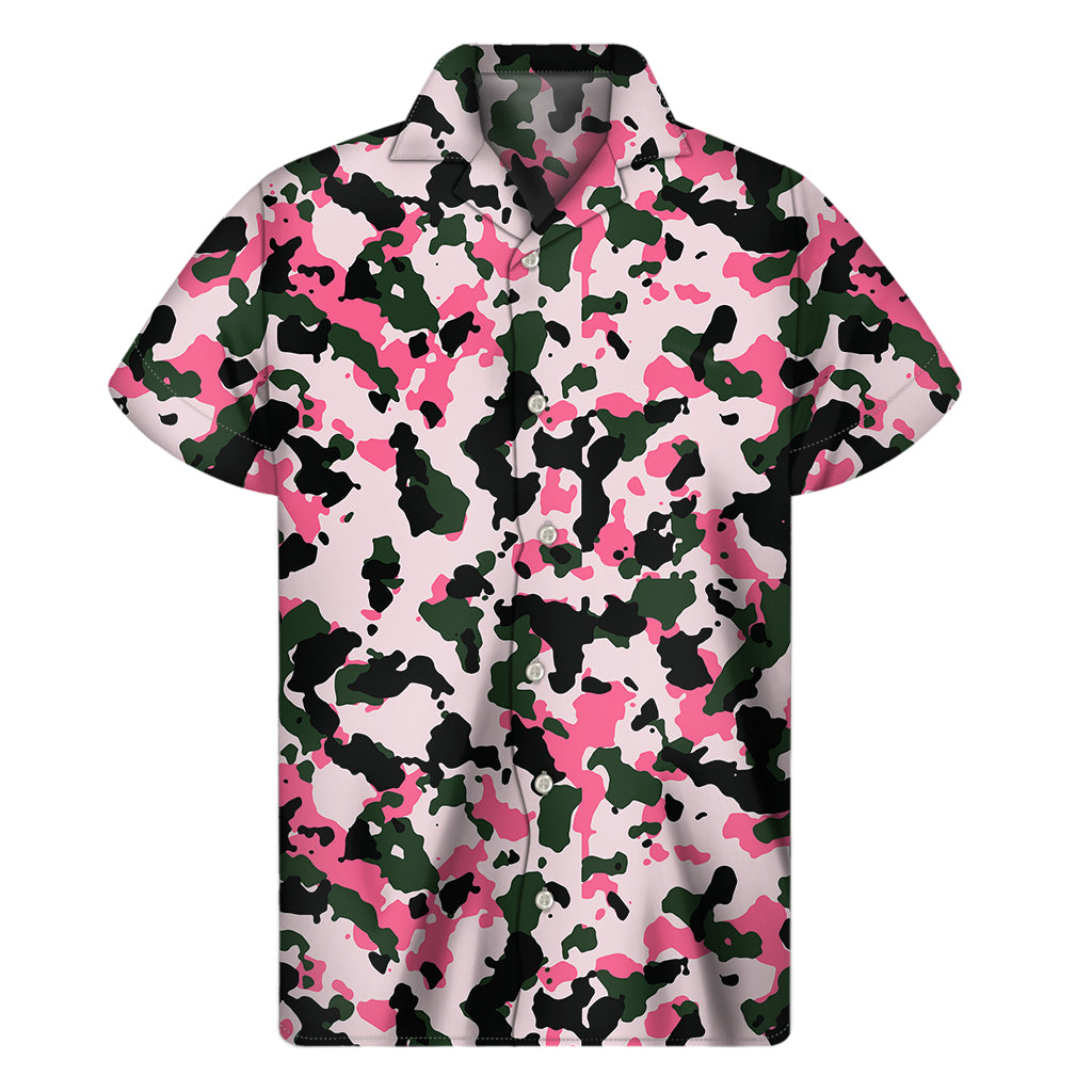 Pink Green And Black Camouflage Print Men's Short Sleeve Shirt