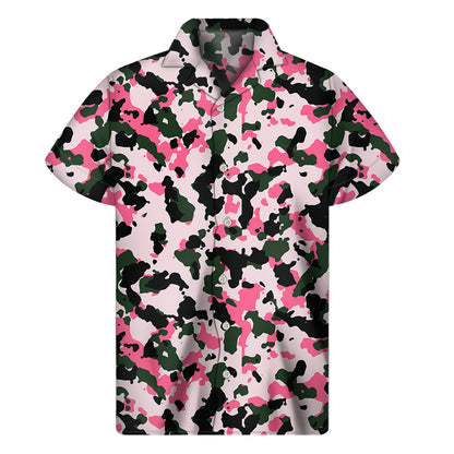 Pink Green And Black Camouflage Print Men's Short Sleeve Shirt