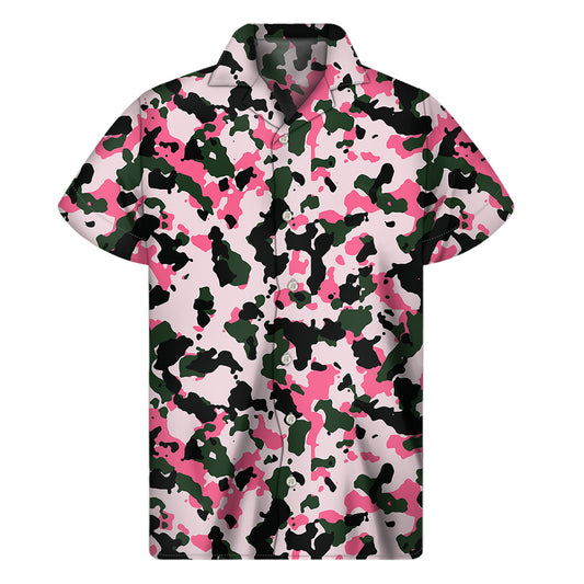 Pink Green And Black Camouflage Print Men's Short Sleeve Shirt