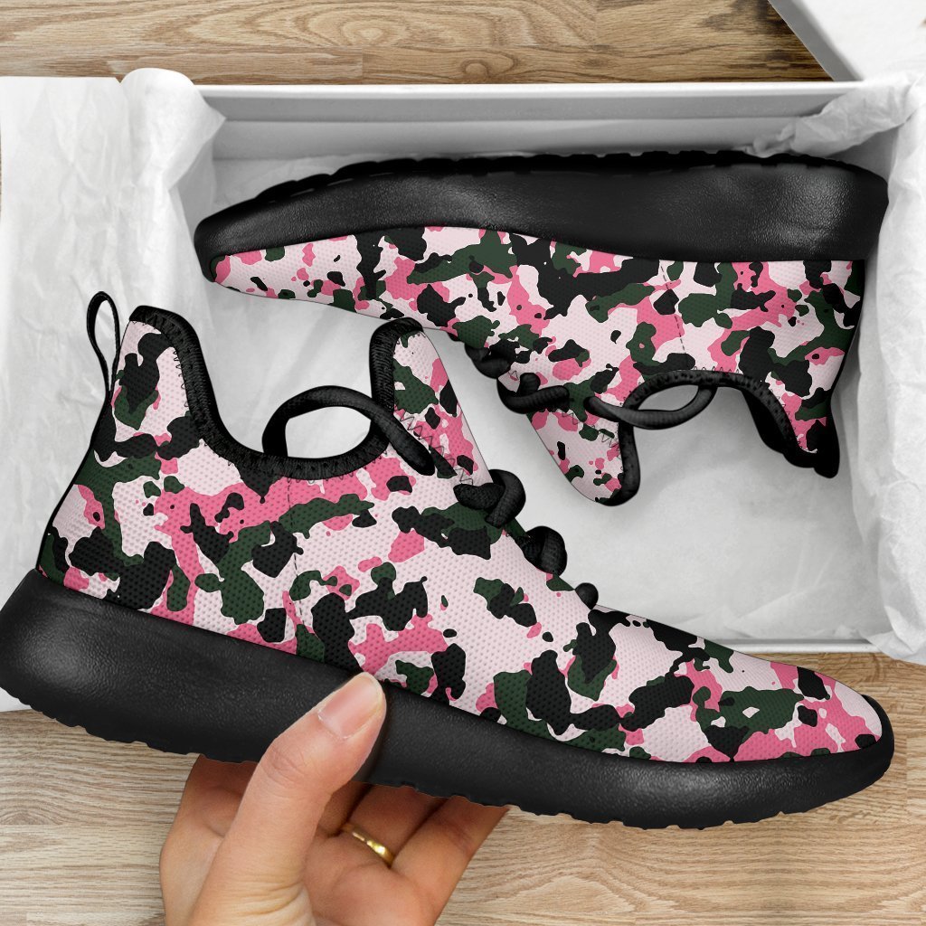 Pink Green And Black Camouflage Print Mesh Knit Shoes GearFrost