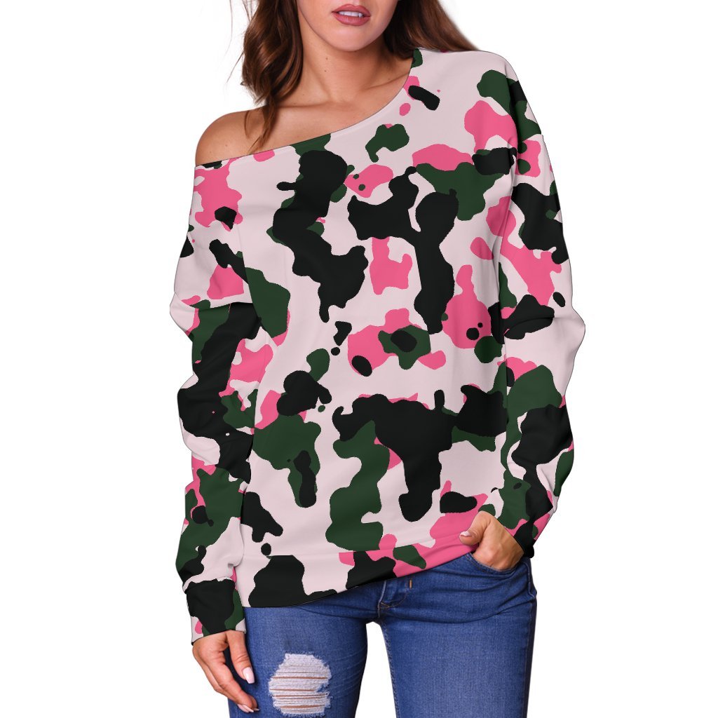 Pink Green And Black Camouflage Print Off Shoulder Sweatshirt GearFrost