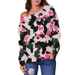 Pink Green And Black Camouflage Print Off Shoulder Sweatshirt GearFrost