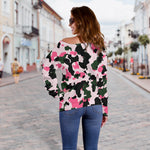 Pink Green And Black Camouflage Print Off Shoulder Sweatshirt GearFrost