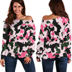 Pink Green And Black Camouflage Print Off Shoulder Sweatshirt GearFrost