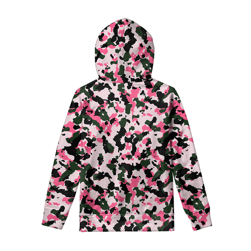 Pink Green And Black Camouflage Print Pullover Hoodie