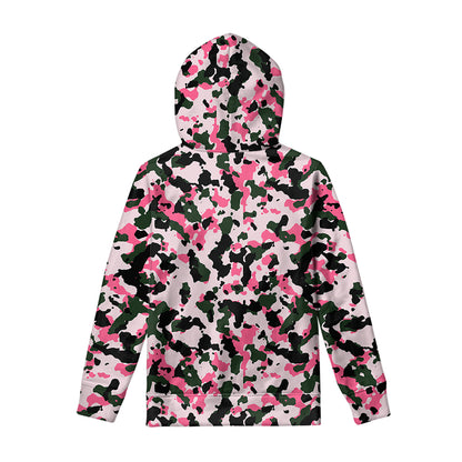 Pink Green And Black Camouflage Print Pullover Hoodie