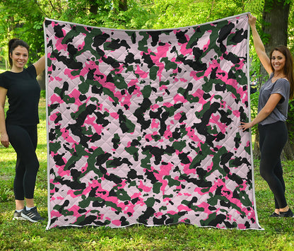Pink Green And Black Camouflage Print Quilt