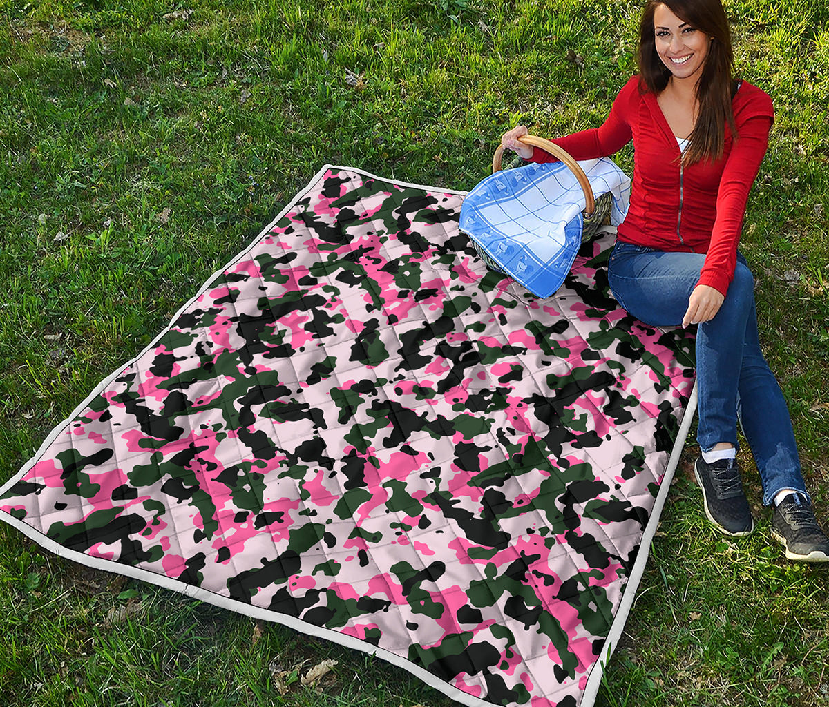 Pink Green And Black Camouflage Print Quilt