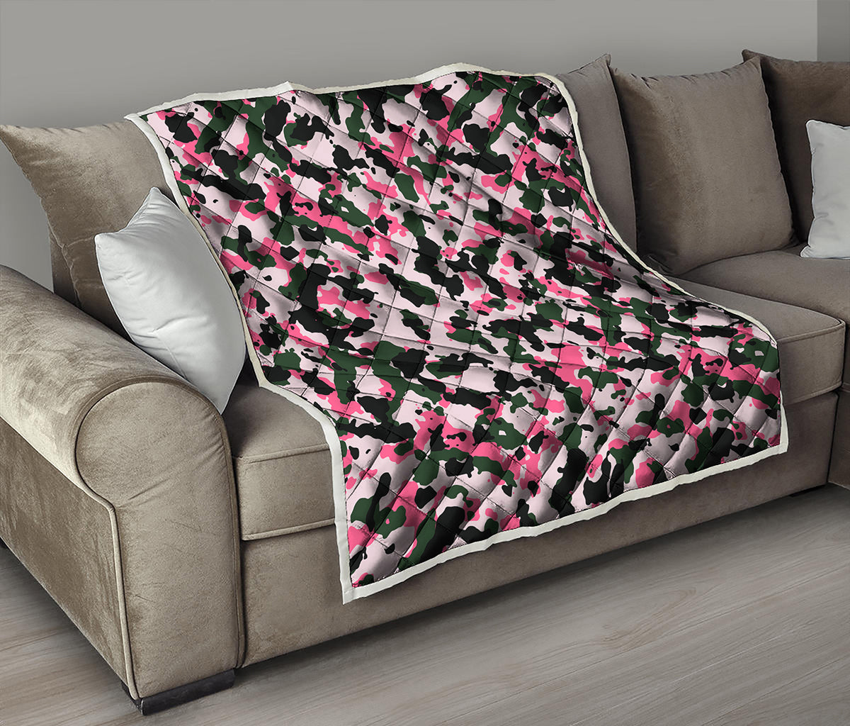 Pink Green And Black Camouflage Print Quilt