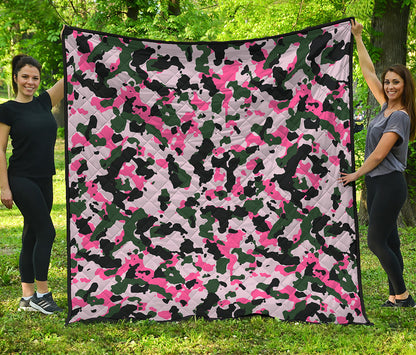 Pink Green And Black Camouflage Print Quilt