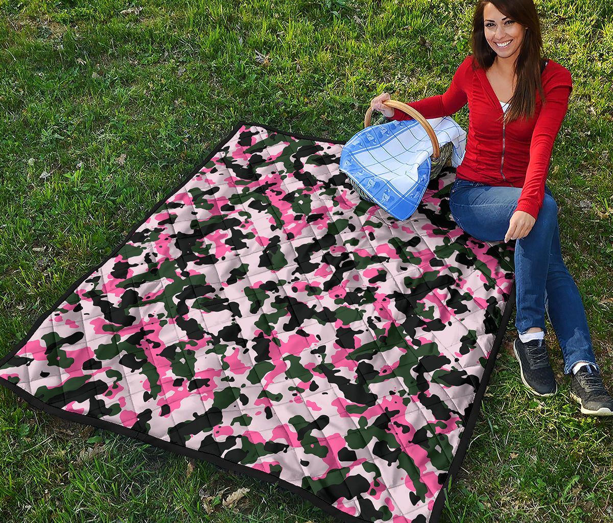 Pink Green And Black Camouflage Print Quilt