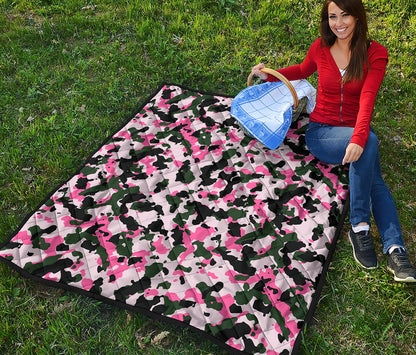 Pink Green And Black Camouflage Print Quilt