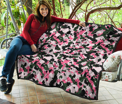 Pink Green And Black Camouflage Print Quilt
