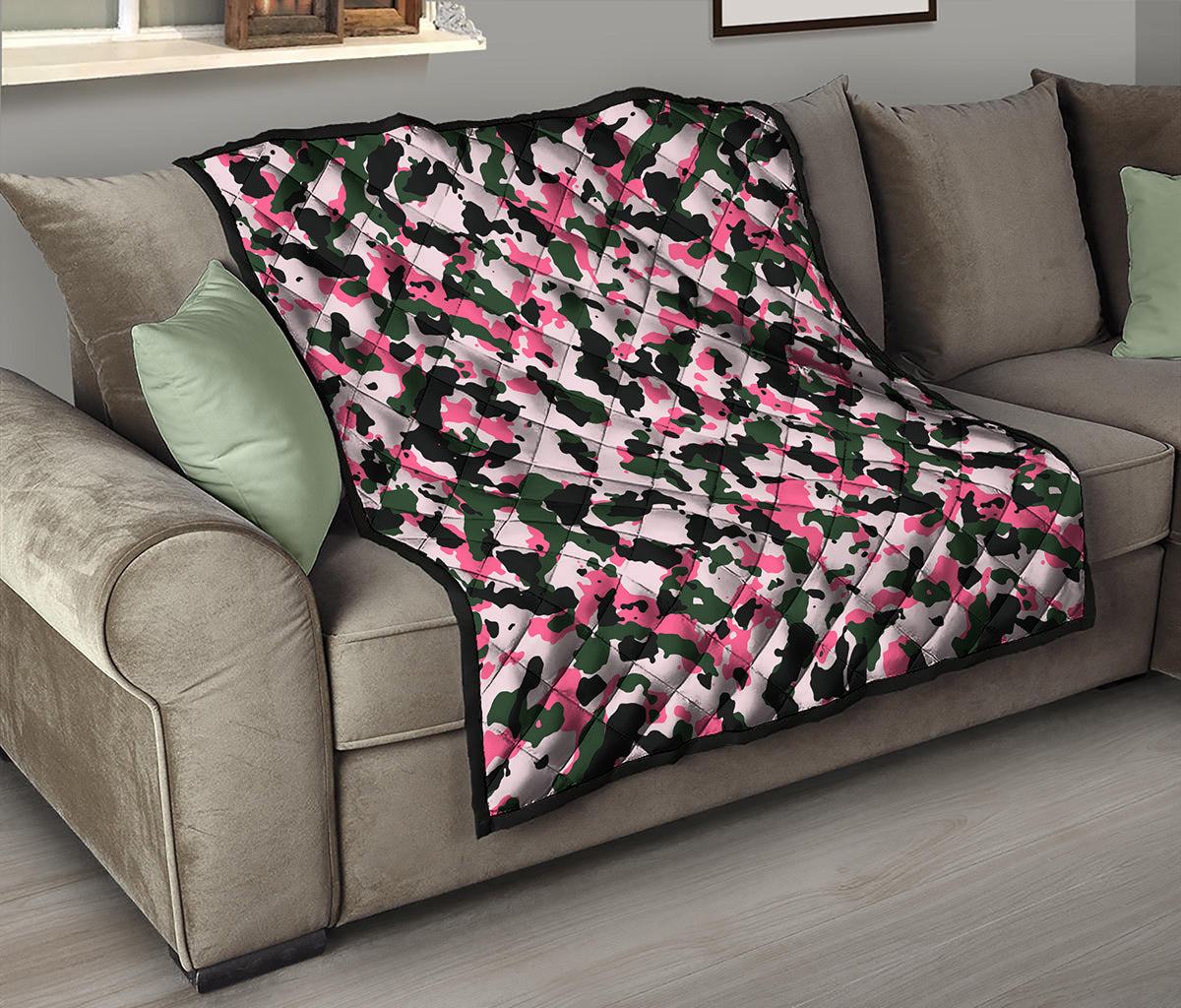 Pink Green And Black Camouflage Print Quilt