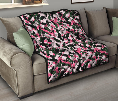 Pink Green And Black Camouflage Print Quilt