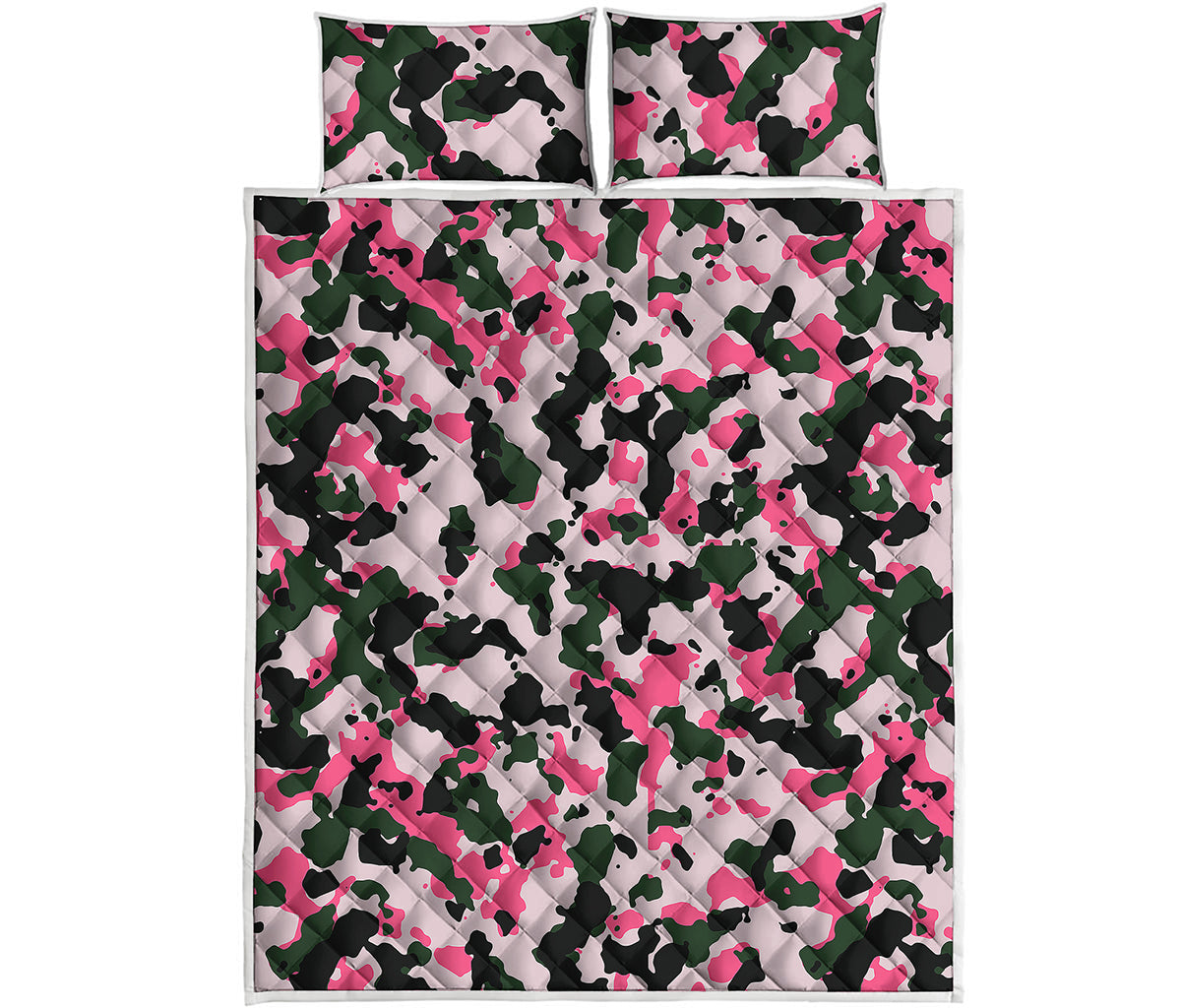Pink Green And Black Camouflage Print Quilt Bed Set